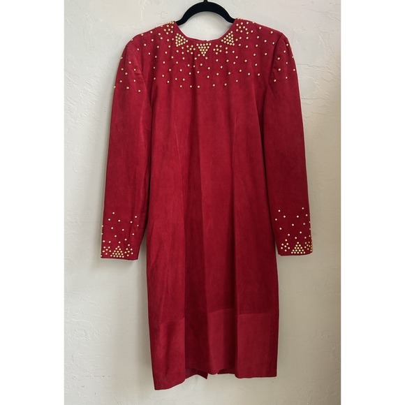 Vintage 80s 90s Pia Rucci Red Suede Dress Gold Studded NWT 12 Glam Party  Holiday
